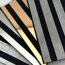 WallFace acoustic wall panels sample collection in metallic look: black, gold and grey overview