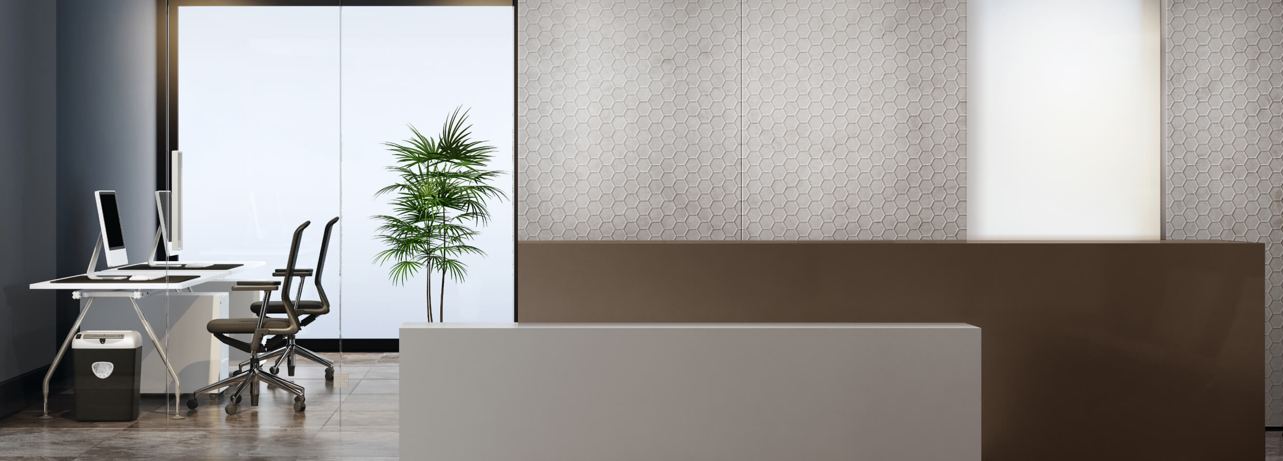 Una oficina moderna con un área de trabajo y una recepción. En la pared, un elegante panel 3D de cuero crea una atmósfera de lujo y elegancia. El contraste de texturas y materiales le da al interior profundidad y expresividad.