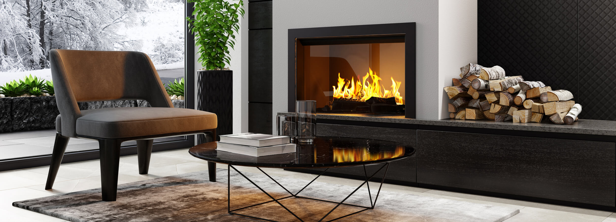 Sala de estar moderna con chimenea, un panel de pared de cuero acolchado, un sillón acogedor y una mesa de café con libros y una copa de vino. La habitación está llena de luz natural cálida que entra por grandes ventanas.