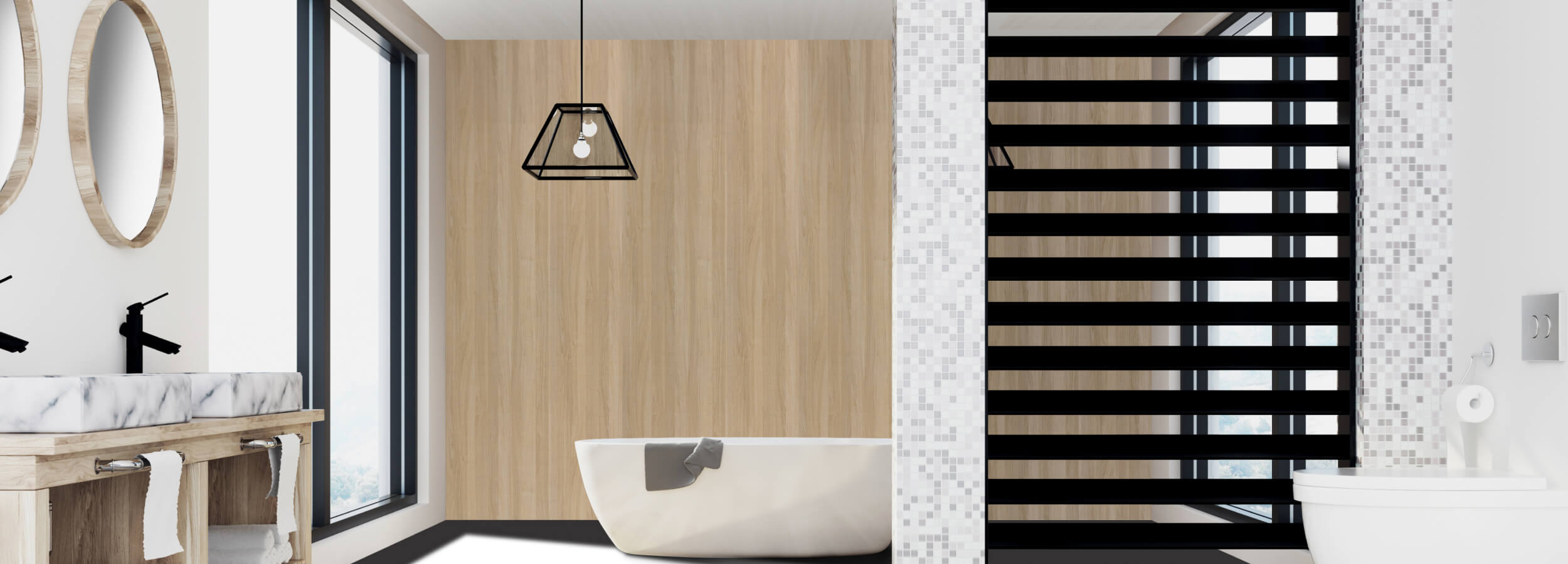 Baño moderno y luminoso con una pared de acento revestida de paneles de madera. Los paneles imitan la textura de la madera natural, creando un ambiente cálido y acogedor. Sobre el fondo de los paneles, una bañera ovalada blanca destaca en contraste. Los accesorios de baño negros y un motivo geométrico en la pared adyacente aportan dinamismo y estilo.