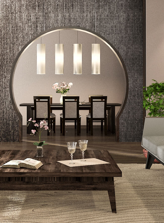 Modernes Wohnzimmer mit einer textilen Wandverkleidung, zwei grauen Sofas, einem Couchtisch und einem Essbereich, der durch einen Bogen sichtbar ist. Das Zimmer ist hell und freundlich durch große Fenster.
